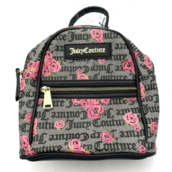 JUICY COUTURE NWT Rose Logo Mini Backpack Black Pink Gold Chain Crossbody Y2k - Picture 1 of 8